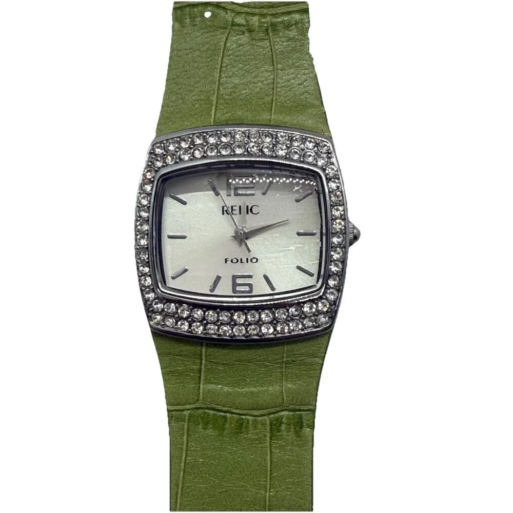 Relic Folio Women's Watch ZR33565 Green Leather Band Crystal Accent Bezel